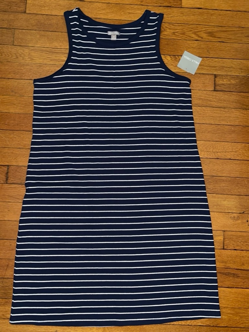 Sleeveless navy and white stripped dress